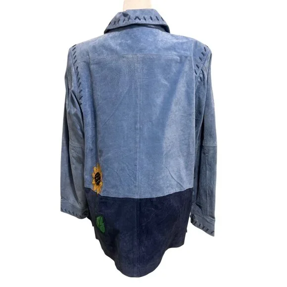 Quacker Factory Blue Suede Jacket Embroidered Sunflowers Vtg Full-Zip Size L - Picture 3 of 9